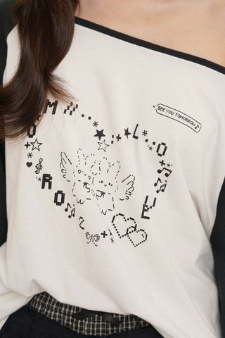 [Moromoro2] Y2K Bunny Print Wide Neckline Raglan  Tee