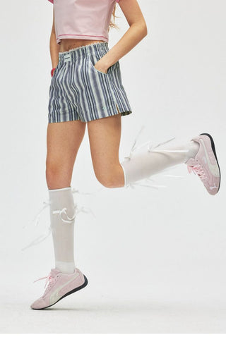 [Monterest] Lace Trim Striped Relaxed Shorts