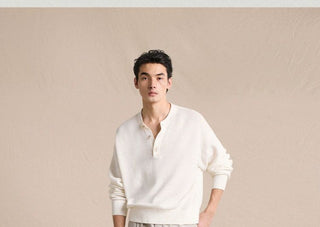 [CULTUM] Cotton Henley Neck Relaxed Knit Top