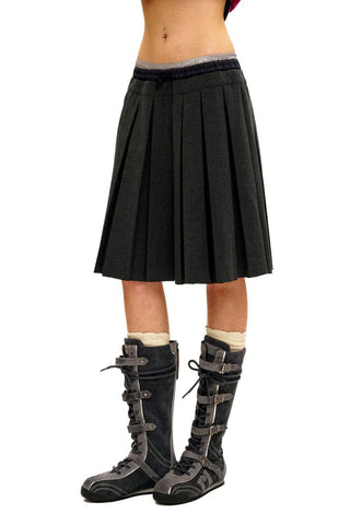 [Moromoro2] Linen Satin Plaid Pleated Skirt