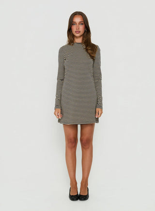 Marionn Long Sleeve Mini Dress Navy / Yellow Stripe