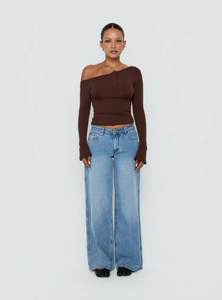 Kleoh Off Shoulder Long Sleeve Henley Top Brown