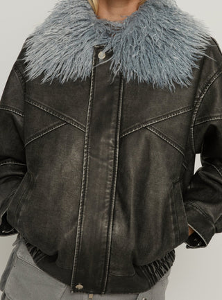 Brittanni Fluffy Collar Jacket Black  Blue