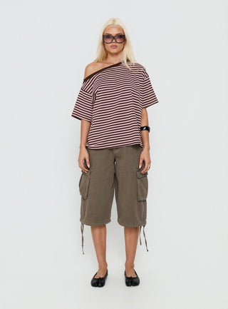 Settle Down One Shoulder Top Pink / Chocolate Stripe
