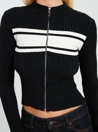 Decisive Zip Through Knit Sweater Black  White