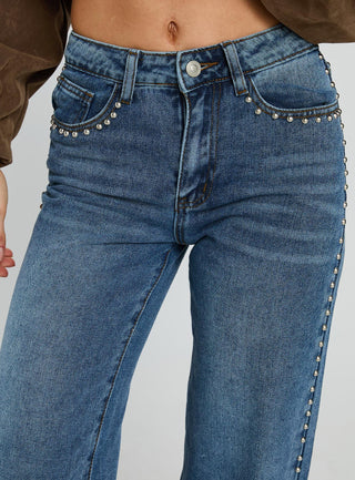 Saving Up Mid Rise Straight Leg Studded Jeans Mid Blue