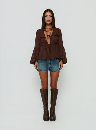 Chasing Sunsets Sheer Long Sleeve Top Chocolate