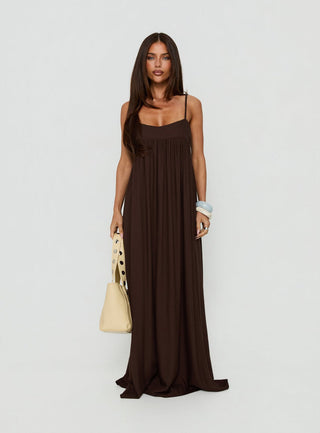 Wildah Linen Smock Maxi Dress Brown
