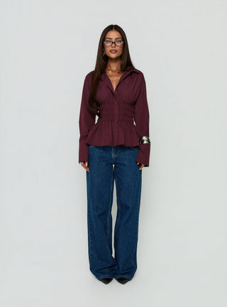 As You Are Shirred Button Up Top Cherry