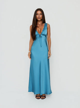 Damelia Tie Detail Lace Trim Maxi Dress Blue