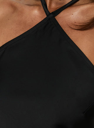 Sanford Satin Asymmetrical Arrowneck Top Black