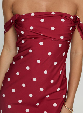 End Credits Off Shoulder Pleat Maxi Dress Red  Polka Dot