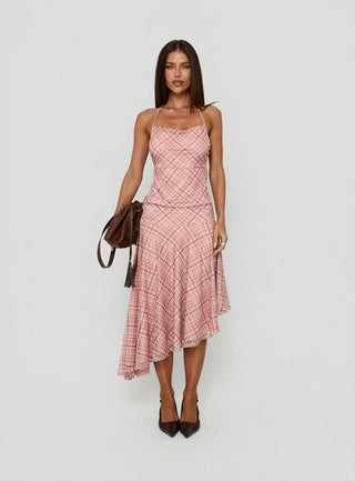 Waverlee Asymmetrical Midi Skirt Pink Check