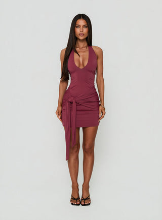 Poppee Halter Tie Detail Mini Dress Burgundy