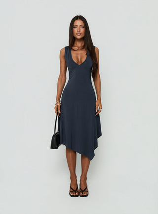 Louisia V Neck Hanky Hem Midi Dress Charcoal