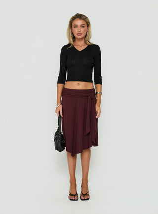Soft Focus Tie Waist Midi Skirt Plum Noir