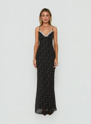 Alasia Lace Trim V Neck Maxi Dress Black Floral