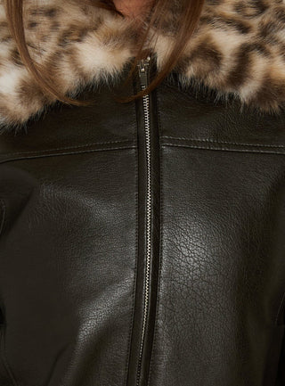 Stevvie Faux Fur Collared Jacket Black / Leopard