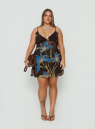 Isakaia Beaded Mini Dress Brown Floral Curve