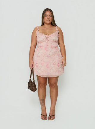 Dewdrops Chiffon Frill Mini Dress Pink Floral Curve