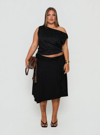 Soft Focus Tie Waist Midi Skirt Black Curve