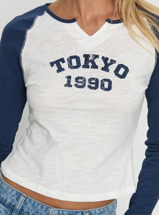 Tokyo 1990 Long Sleeve Raglan Graphic Top White  Blue