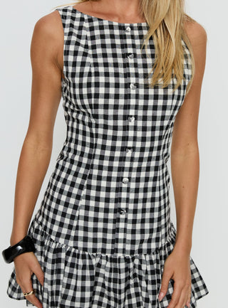 Kolbie Boat Neck Frill Mini Dress Black  White Check