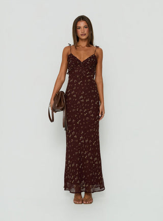 Morcar Frill V Neck Maxi Dress Brown / Yellow Floral