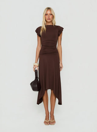 Florra Ruched Short Sleeve Midi Dress Brown