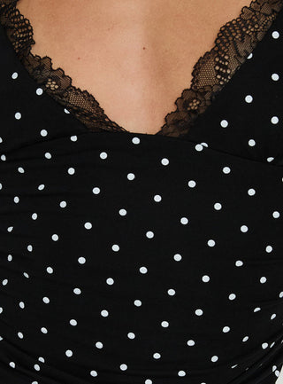 Amia Lace V Neck Top Black Polka Dot