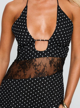 Down With Love Asymmetrical Midi Dress Black  White Polka Dot