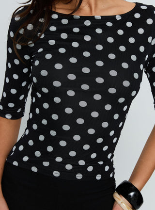 Venna 34 Sleeve Boat Neck Top Black  White Polka