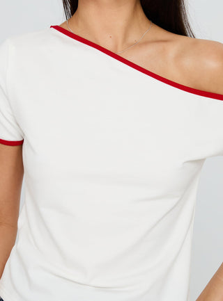 Kelsa Off Shoulder Contrast Trim Top White  Red
