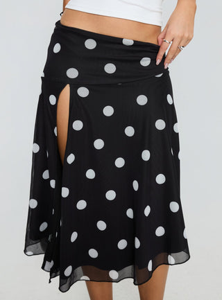 Dulciana High Split Asymmetrical Midi Skirt Black  Polka Dot