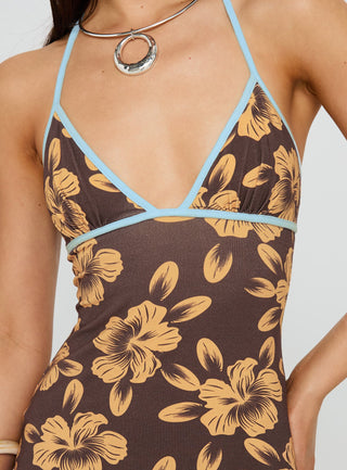 Mishie Halter Mini Dress Brown  Blue Floral
