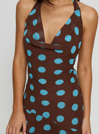 Karolie Halter Plunge Mini Dress Brown  Blue Polka Dot