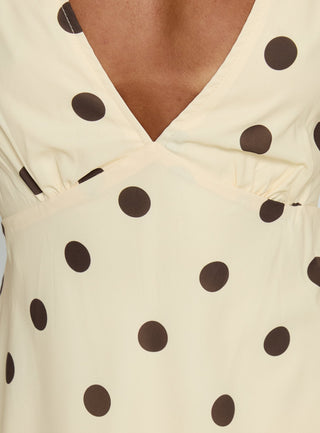 Nellie Mini Dress Lemon  Brown Polka Dot