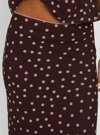 Sydni Midi Bias Cut Skirt Chocolate  Pink Polka
