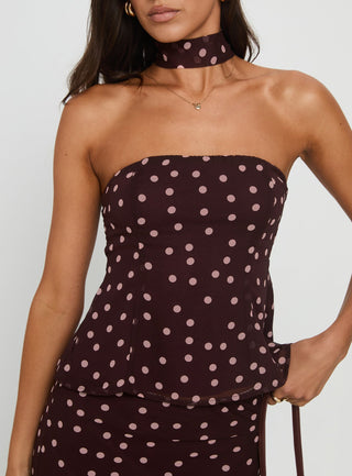 Sydni Scarf Detail Strapless Top Chocolate  Pink Polka Dot