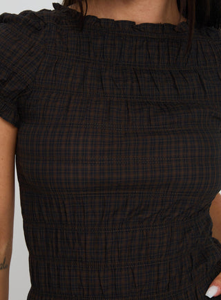 Romelle Shirred Top Black  Brown Plaid Petite