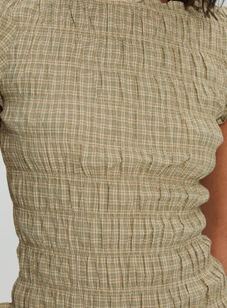 Romelle Shirred Top Green  Brown Plaid