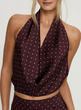 Keiana Plunge Neck Top Burgundy  Pink Polka