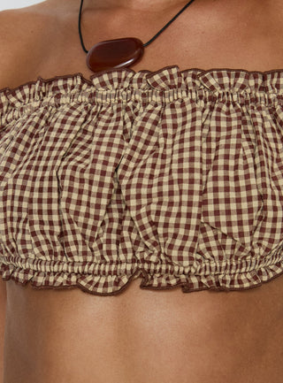 We Cant Stop Ruched Strapless Top Brown Gingham