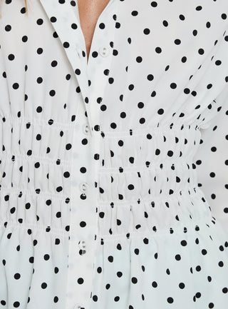 As You Are Shirred Button Up Top White Polka