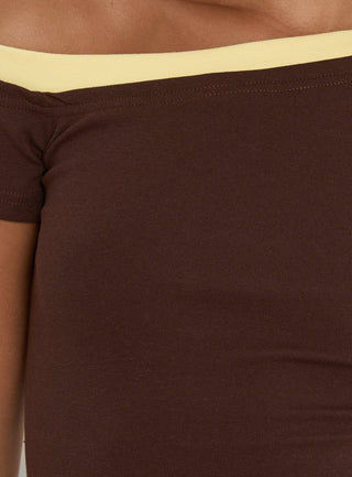 Eustace Off Shoulder Asymmetrical Top Brown  Yellow