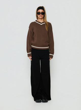 Myrandah V Neck Long SLeeve Knit Sweater Chocolate Stripe