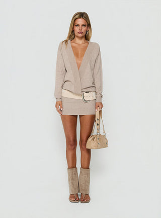 Kharie Plunge Neck Long Sleeve Knit Mini Dress Taupe