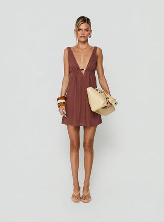 Giyah Bead Detail Mini Dress Brown