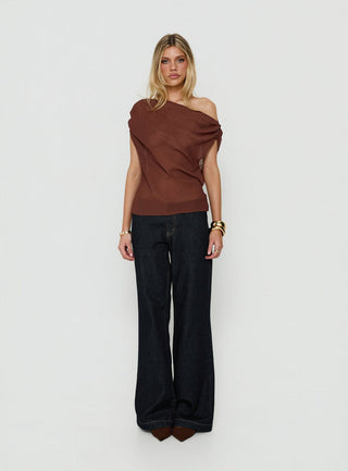 Orya Sheer Drape Off Shoulder Top Brown
