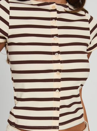 Marvella Button Up Top Beige  Brown Stripe